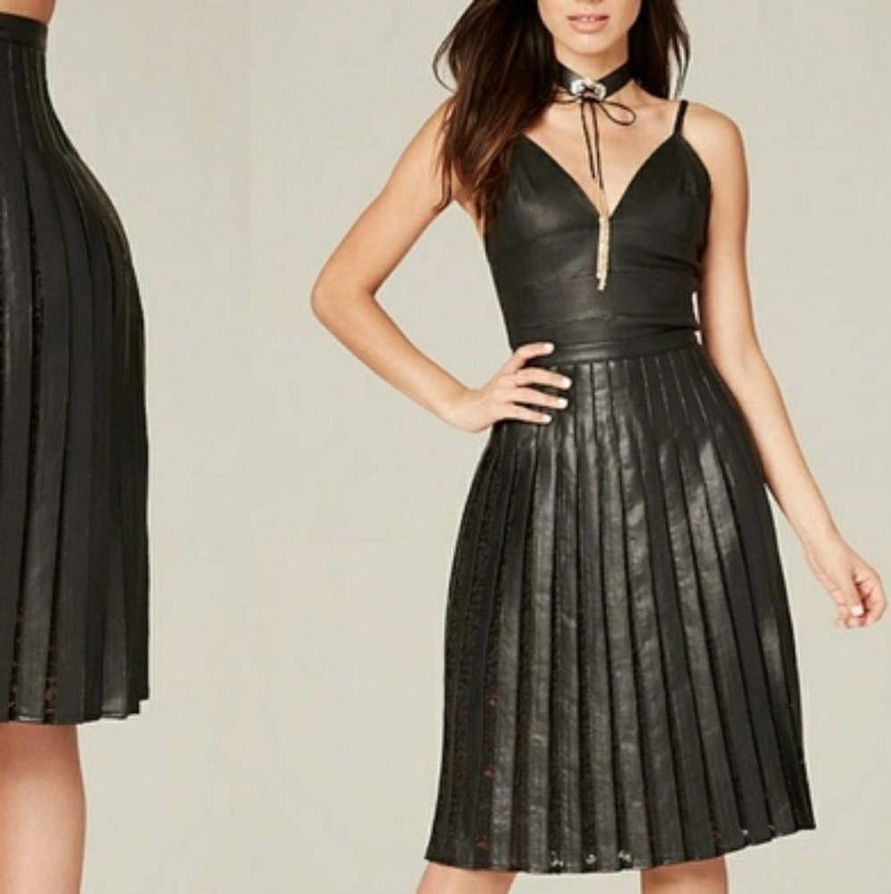 BEBE Faux Leather and Lace Pleated Midi Skirt